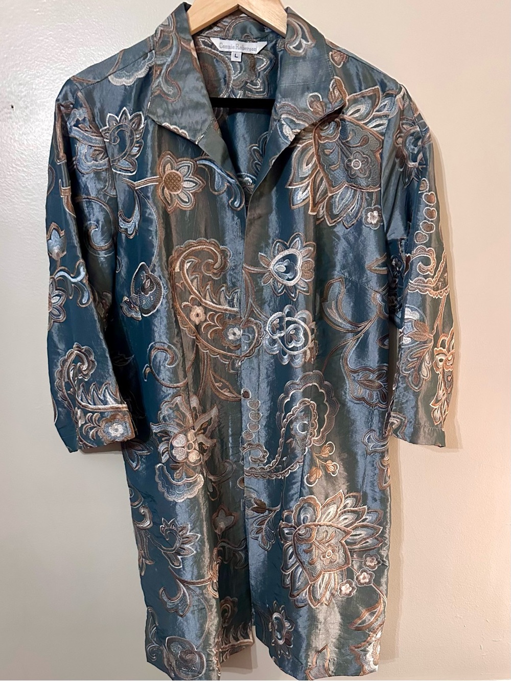 Silk-Blend Paisley Open-Front Duster Coat - Blue/Beige/Pastel hightlights